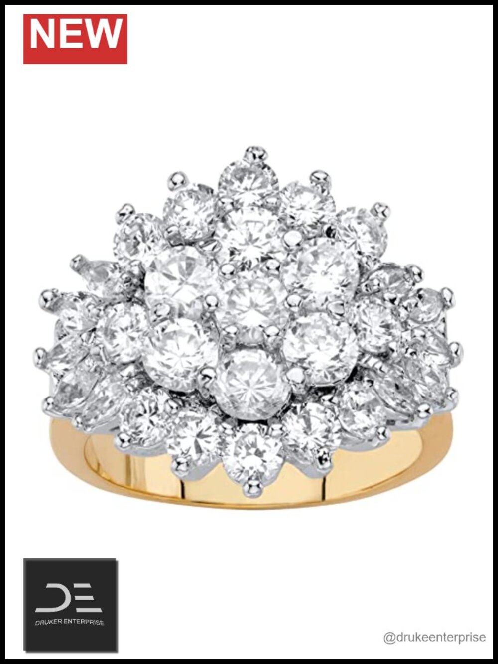 18k Gold-Plated Cubic Zirconia Cluster Ring Statement Cocktail Jewelry